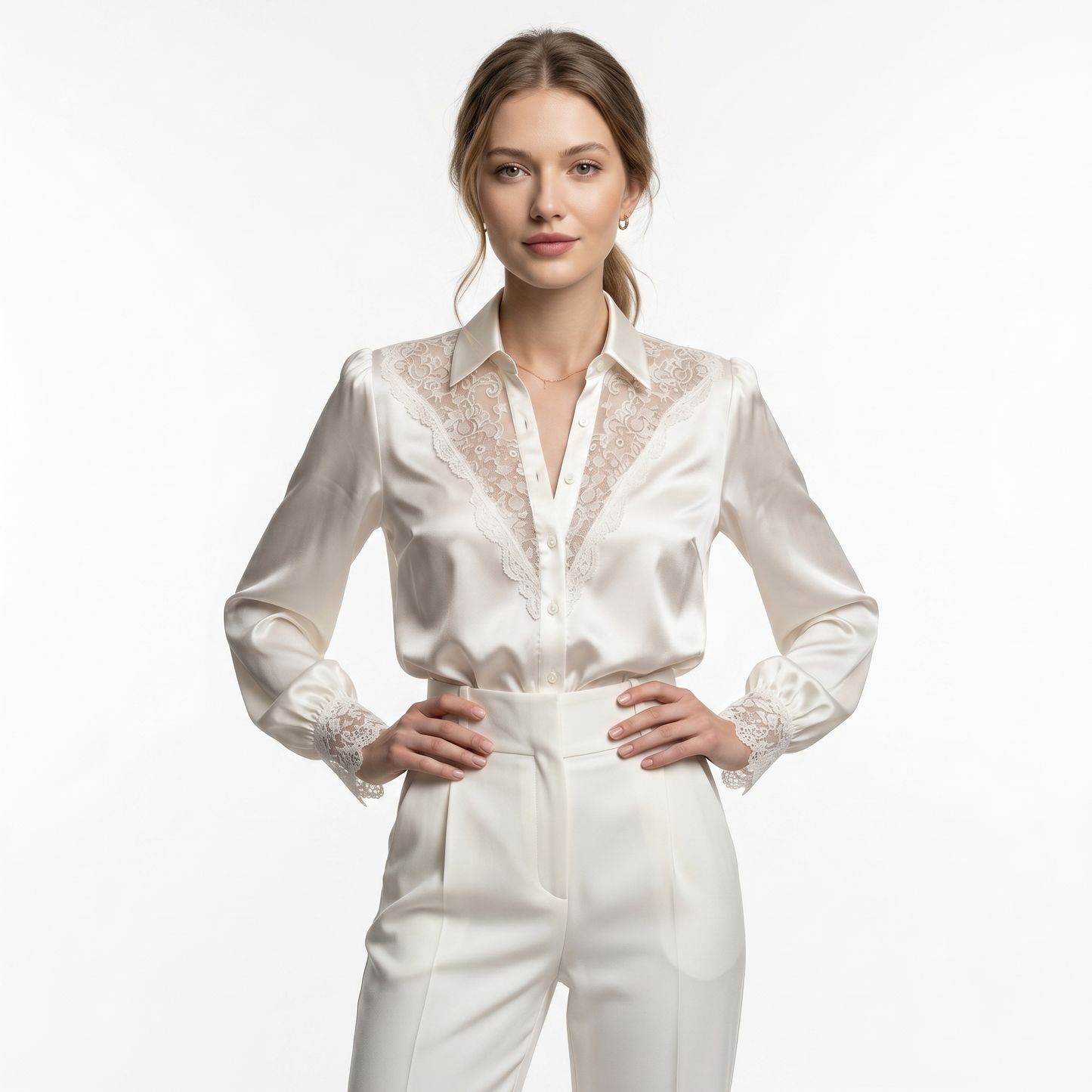 Blusa Elegante De Satén De Encaje Manga Larga Casual Formal Moda Mujer En Tendencia 1 Tono Mas