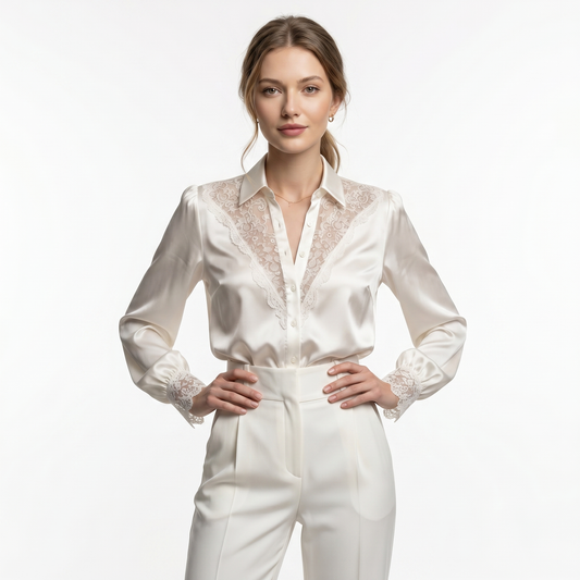Blusa Elegante De Satén De Encaje Manga Larga Casual Formal Moda Mujer En Tendencia 1 Tono Mas