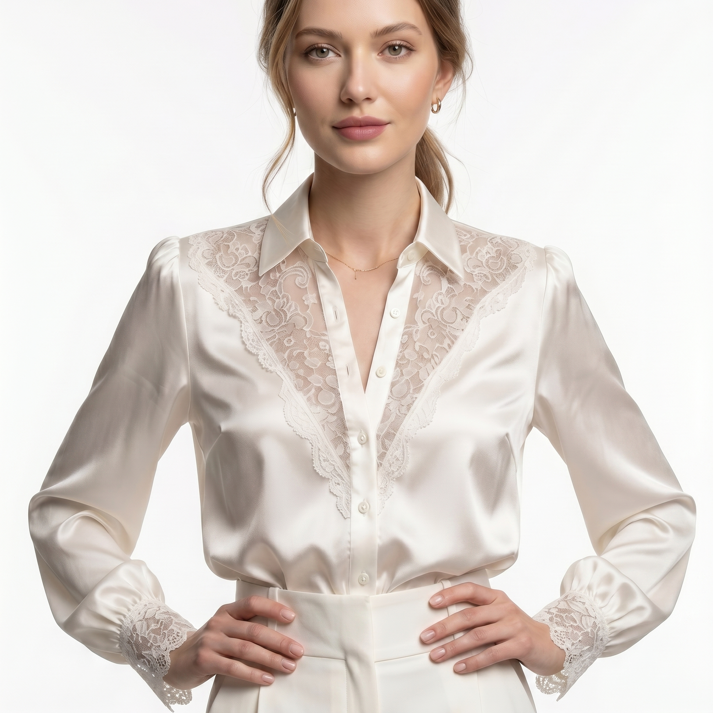 Blusa Elegante De Satén De Encaje Manga Larga Casual Formal Moda Mujer En Tendencia 1 Tono Mas