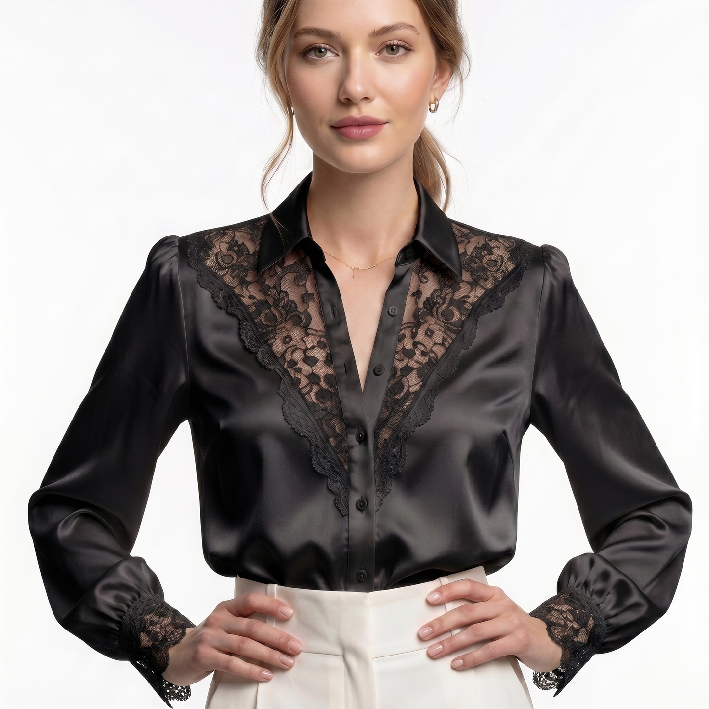 Blusa Elegante De Satén De Encaje Manga Larga Casual Formal Moda Mujer En Tendencia 1 Tono Mas