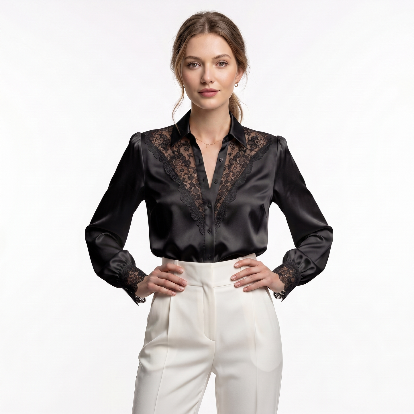 Blusa Elegante De Satén De Encaje Manga Larga Casual Formal Moda Mujer En Tendencia 1 Tono Mas