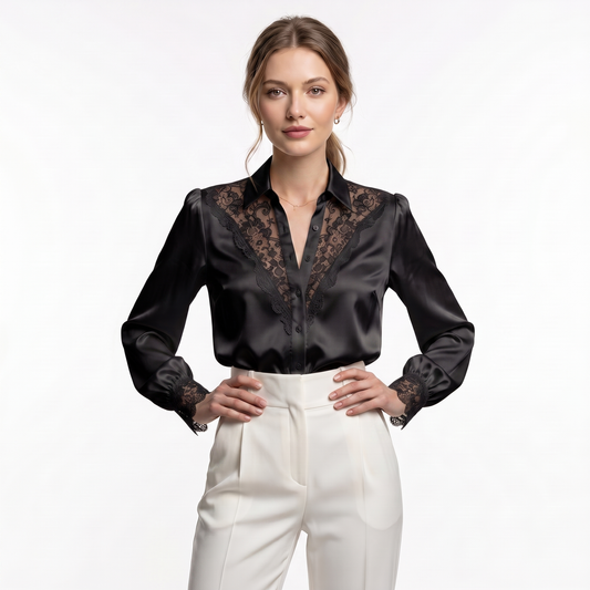 Blusa Elegante De Satén De Encaje Manga Larga Casual Formal Moda Mujer En Tendencia 1 Tono Mas